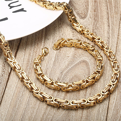 Stainless Steel Byzantine Chains Necklaces & Bracelets Sets for Men WG722B3-01-1