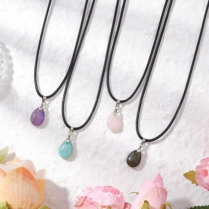 4Pcs 4 Styles Natural Labradorite & Amazonite & Rose Quartz & Amethyst Teardrop Pendant Necklaces NJEW-JN05229-1