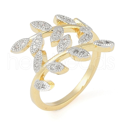 Leaf Brass Micro Pave Clear Cubic Zirconia Cuff Ring for Women RJEW-Q819-24G-1
