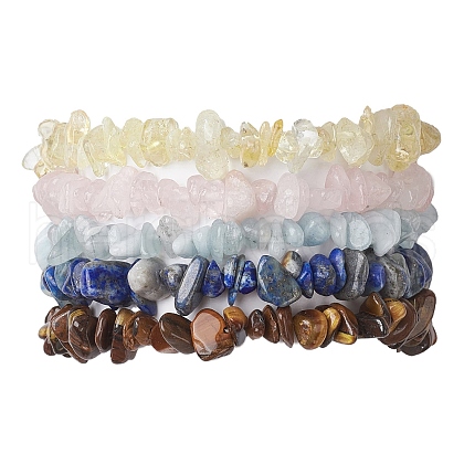 12 Constellation Natural Mixed Gemstone Chip Beaded Stretch Bracelets Sets for Women Men BJEW-JB10264-04-1
