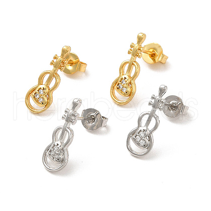 Rack Plating Brass Micro Pave Clear Cubic Zirconia Violin Stud Earrings EJEW-F301-26-1