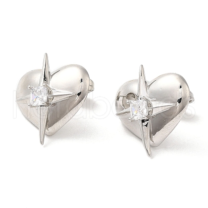 Rack Plating Brass Heart with Star Stud Earrings with Clear Cubic Zirconia Earring for Women EJEW-A101-05P-1