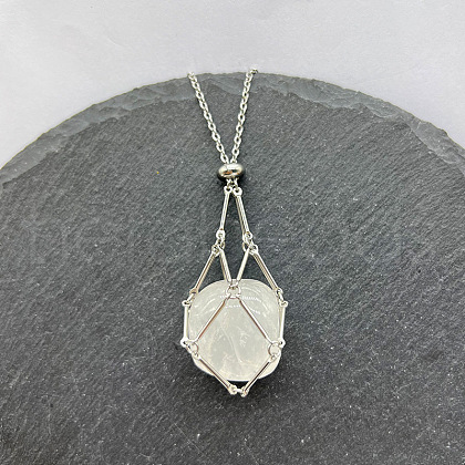 Natural Quartz Crystal Nuggets Macrame Pouch Pendant 201 Stainless Steel Chain Necklaces FS-WG7A779-01-1