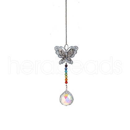 Glass Round Ball Sun Catcher Hanging Prism Ornaments with Iron Butterfly HJEW-PW0002-14A-1