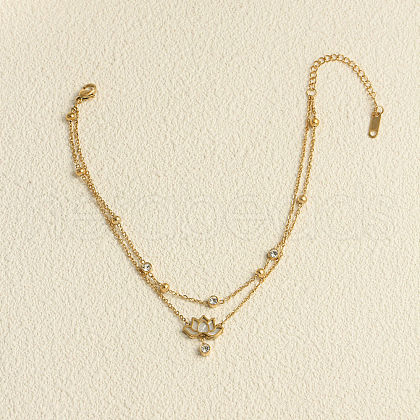 Lotus 304 Stainless Steel Crystal Rhinestone & Natural Shell Link Double Layer Anklets FS-WG23A6C-01-1