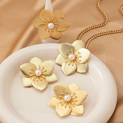 Flower Alloy with Plastic Imitation Pearl Pendant Necklaces & Stud Earrings & Rings Sets FS-WG659E6-01-1