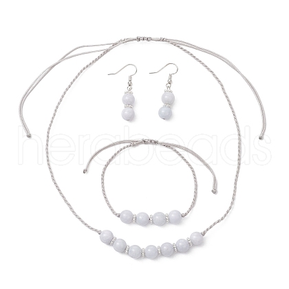 Round Natural Chalcedony Imitation Aquamarine Beaded Necklace & Bracelet & Dangle Earring Sets SJEW-JS01336-1