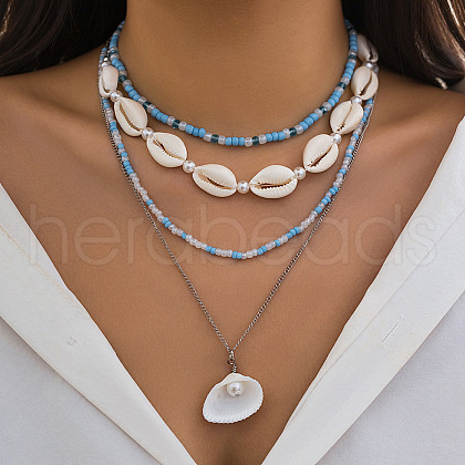 Summer Beach Alloy & Natural Shell & Sky Blue Glass Seed Beaded Shell Shape Pendant 3 Layer Necklaces for Women FS-WG8B7EE-05-1