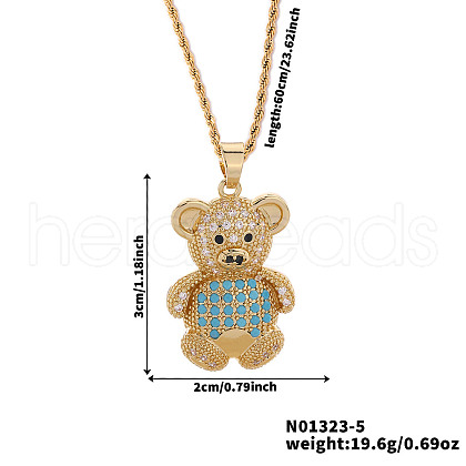 Brass Micro Pave Cubic Zirconia Cute Mini Cartoon Bear Pendant Necklaces for Women OL3242-5-1