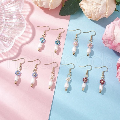 Mother's Day Jewellery Brass Glass Flower with Oval Dangle Earrings EJEW-MZ00442-1