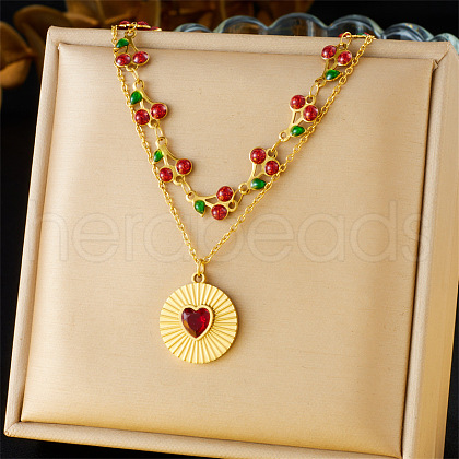 304 Stainless Steel Siam Rhinestone Heart Pendant Cherry Link Chain Double Layer Necklaces for Women NJEW-B132-01G-1
