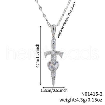 Elegant Vintage Style Brass Clear Cubic Zirconia Heart Sword Pendant Necklaces MI3084-2-1