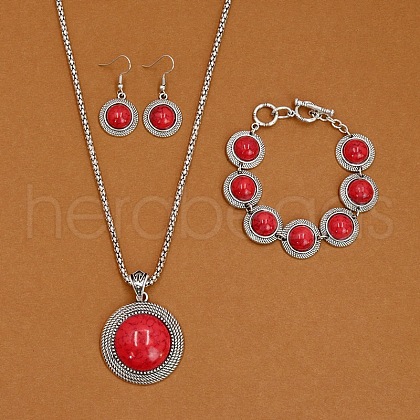 Alloy with Synthetic Turquoise Pendant Necklaces & Link Bracelets & Dangle Earring Sets WGBFEA3-01-1