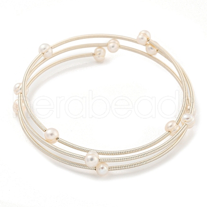 Mother's Day Jewellery Three-Loops Brass & Natural Freshwater Pearl Beaded Wrap Bracelets for Women BJEW-F470-01S-1