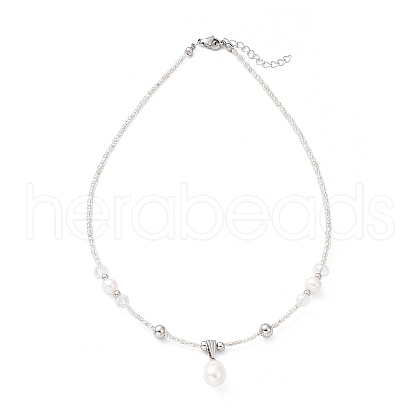 Mother's Day Jewellery Natural Pearl Pendant Necklace with Glass Beaded Chains NJEW-M201-01A-1
