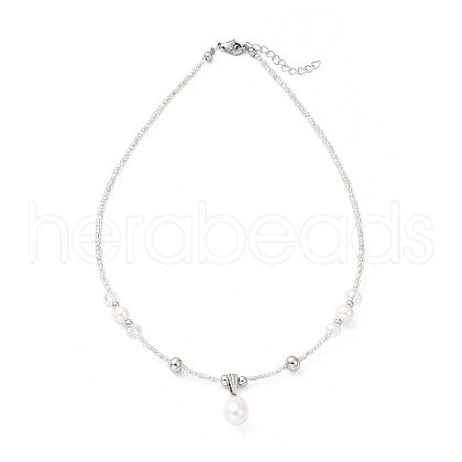 Natural Pearl Pendant Necklace with Glass Beaded Chains NJEW-M201-01A-1