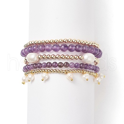 5Pcs 5 Style Natural Amethyst & Brass Beaded Stretch Bracelets Set BJEW-JB08870-01-1