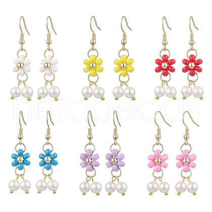 6 Pairs 6 Colors Shell Pearl Beads & Glass Seed Dangle Earrings EJEW-MZ00310-1