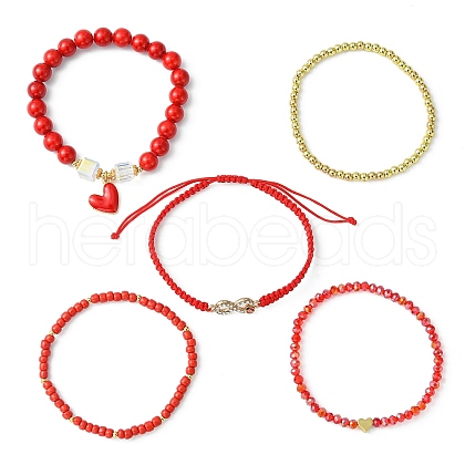 5Pcs 5 Style Glass & Brass Beaded Stretch Bracelets Set BJEW-TA00298-1