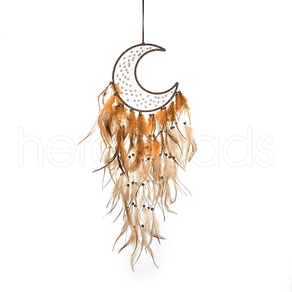 Moon Woven Web/Net with Feather Hanging Ornaments HJEW-G025-09B-1