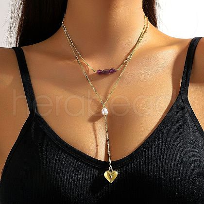 Heart Zinc Alloy & Natural Amethyst Chip Pendant Y Long Necklaces for Women FS-WGB8FC7-04-1