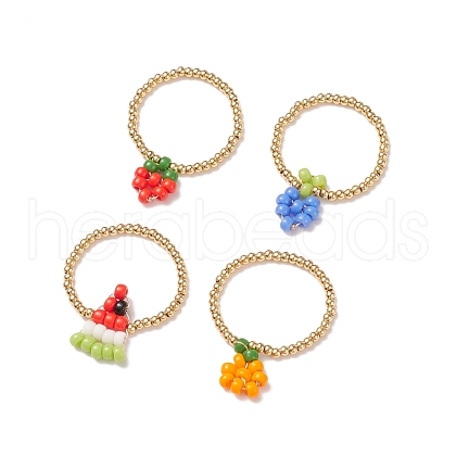 4Pcs 4 Style Strawberry & Orange & Watermelon & Grape Pattern Glass & Brass Braided Bead Finger Ring for Women RJEW-TA00047-1