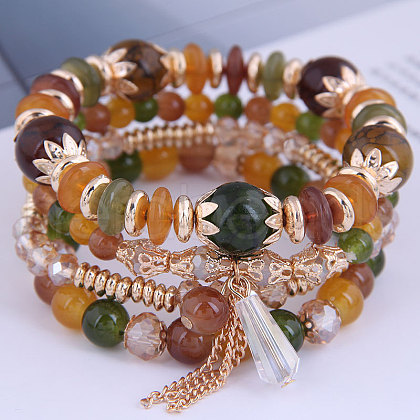 4Pcs 4 Styles Bohemian Style Alloy Glass Round Beaded Stretch Bracelets FS-WG80D8B-10-1