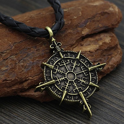 Alloy Viking Compass Pendant Necklaces NJEW-H064-01AB-1