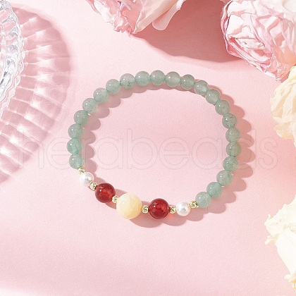 Shell Pearl Bead & Natural Green Aventurine & Yellow Jade & Carnelian Beaded Stretch Bracelets for Women BJEW-JB11938-01-1