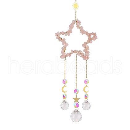 Natural Rose Quartz Chip Wrapped Metal Star Hanging Ornaments PW-WG25242-03-1
