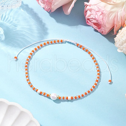 Adjustable Round Imitation Pearl & Dyed Synthetic Turquoise & Glass Seed Beads Braided Anklets AJEW-AN00672-03-1