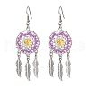Flat Round with Feather Handmade Glass Seed Beads Chandelier Earrings EJEW-MZ00473-01-2