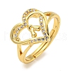 Heart with Letter Rack Plating Brass Micro Pave Clear Cubic Zirconia Adjustable Rings for Women RJEW-I105-01G-A-1