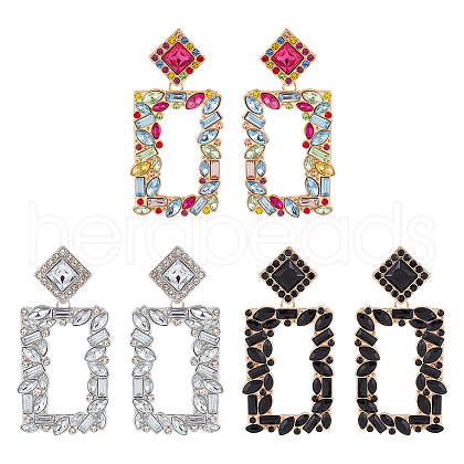 FIBLOOM 3 Pairs 3 Colors Rhinestone Hollow Out Rectangle Dangle Stud Earrings EJEW-FI0001-12-1