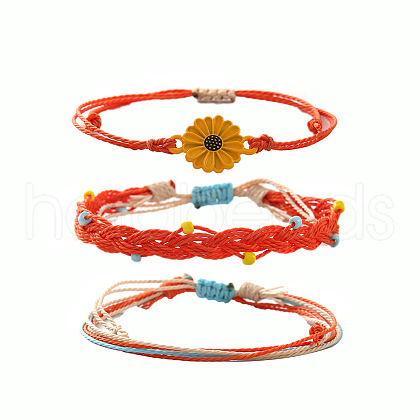 3Pcs Flower Alloy & Resin Wax Cord Braided Bead Bracelets Set FS-WG10F8B-01-1