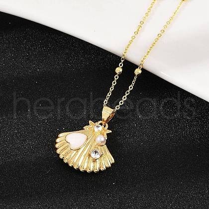 Brass with Cubic Zirconia and Plastic Beads Pendant Necklaces NJEW-Q041-03G-1