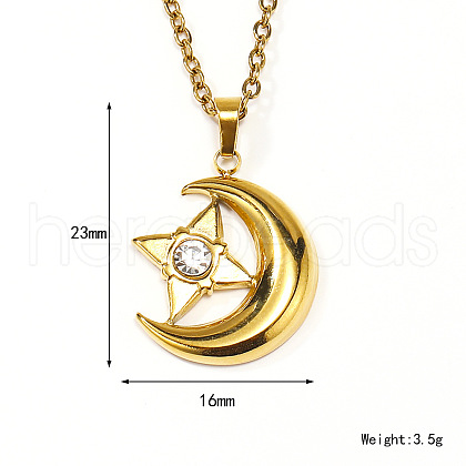 Retro Stainless Steel Clear Cubic Zirconia Moon Pendant Cable Chain Necklaces for Women MU9051-2-1