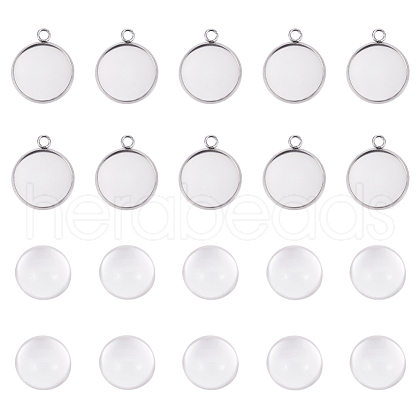 304 Stainless Steel Pendant Cabochon Settings and Clear Half Round Glass Cabochon STAS-X0017-12P-16mm-1