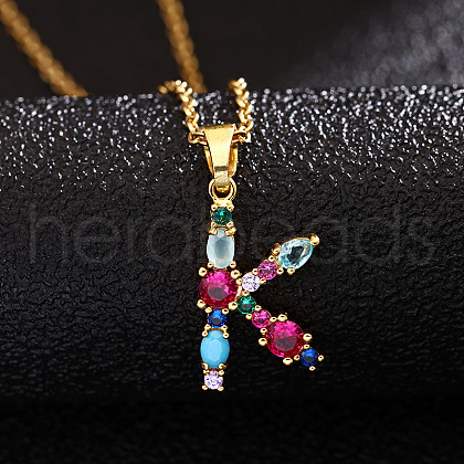 Brass Pave Colorful Cubic Zirconia Initial Pendant Necklaces for Women FS-WG659DF-11-1
