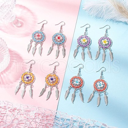 Flat Round with Feather Handmade Glass Seed Beads Chandelier Earrings EJEW-MZ00473-1