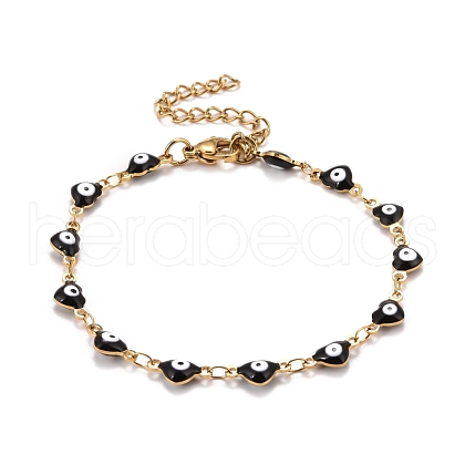Enamel Heart with Evil Eye Link Chains Bracelet BJEW-P271-07G-03-1