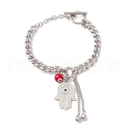 Round Lampwork & Hamsa Hand with Evil Eye Charm Bracelet with 304 Stainless Steel Chain for Women STAS-P304-17P-1