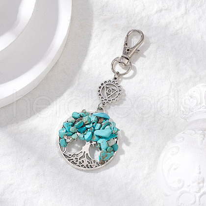 Synthetic Turquoise Chips Beads & Alloy Tree of Life Pendant Decorations HJEW-JM03128-03-1