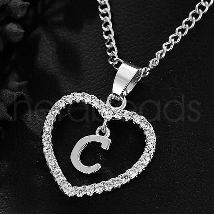 Brass Micro Pave Clear Cubic Zirconia Hollow Heart with Initial Pendant Necklaces WG4069A-08-1