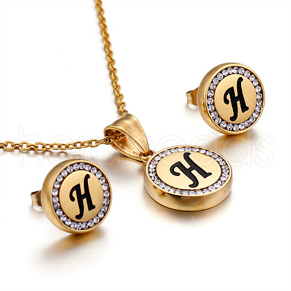 Flat Round with Letter Pattern 304 Stainless Steel Crystal Rhinestone Pendant Necklace & Stud Earring FS-WG33EDD-08-1