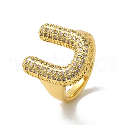 Letter Brass Micro Pave Clear Cubic Zirconia Open Cuff Ring for Women RJEW-N046-03U-G-1