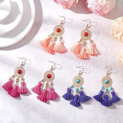 Flat Round 304 Stainless Steel Polycotton Tassel Chandelier Earrings EJEW-JE06452-1