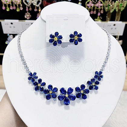 Flower Brass Micro Pave Cubic Zirconia Necklaces & Stud Earrings Sets FS-WGB2349-02-1