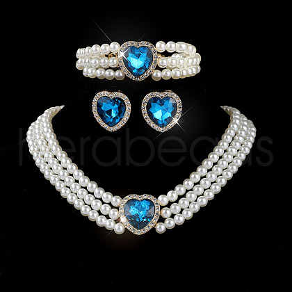 Heart Glass Rhinestone & Plastic Pearl Beaded Necklaces & Stud Earrings & Bracelets Sets FS-WGC950C-05-1
