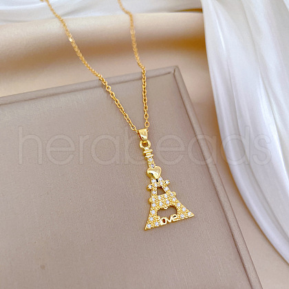 Brass Micro Pave Clear Cubic Zirconia Eiffel Tower Love Pendant Necklaces FS-WG3E8D3-01-1